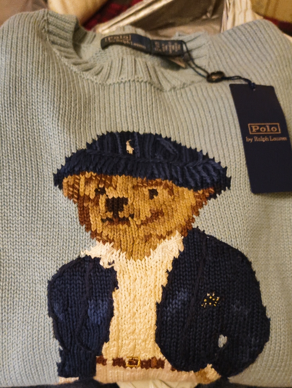 Polo by Ralph Lauren Light Blue Bear Crewneck Sweater with Navy & Cream Details